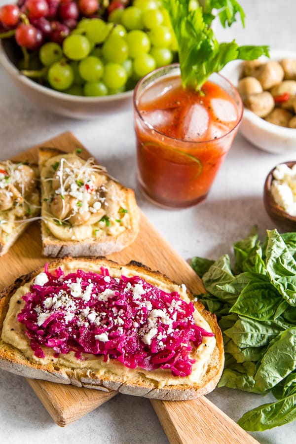 Horseradish Bloody Mary served with hummus toast.