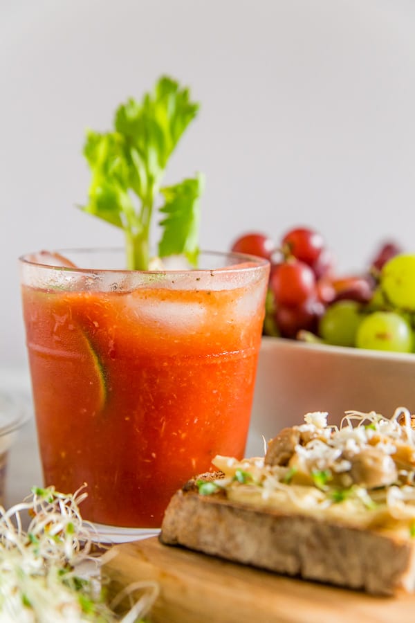Horseradish Bloody Mary served with lime and celery.
