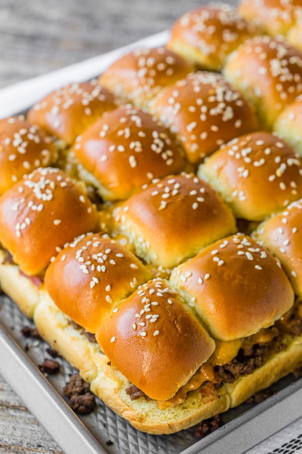 full sheet of baked bacon cheeseburger sliders