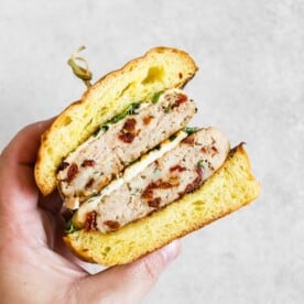 hand holding a sun dried tomato chicken burgers