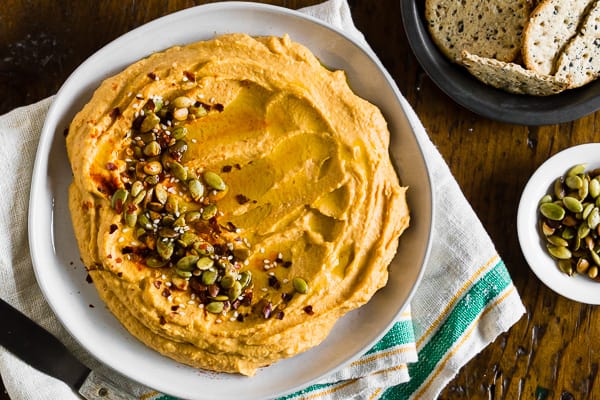 pumpkin hummus with crackers.