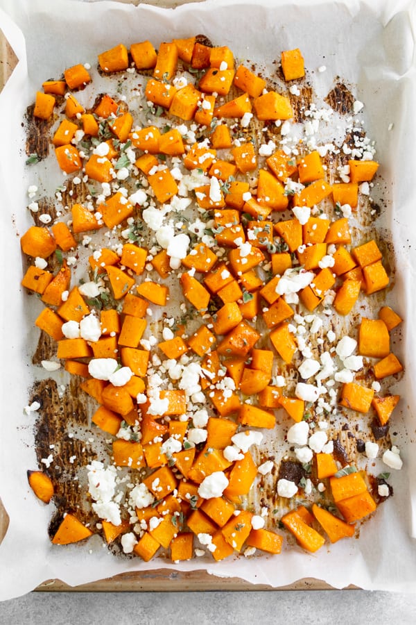 honey roasted butternut squash on a sheet pan 
