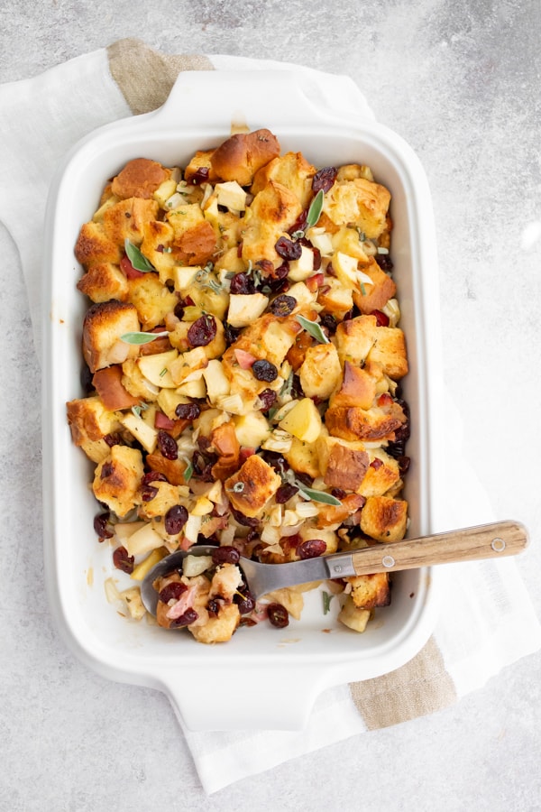 pancetta apple fennel brioche stuffing in a casserole dish