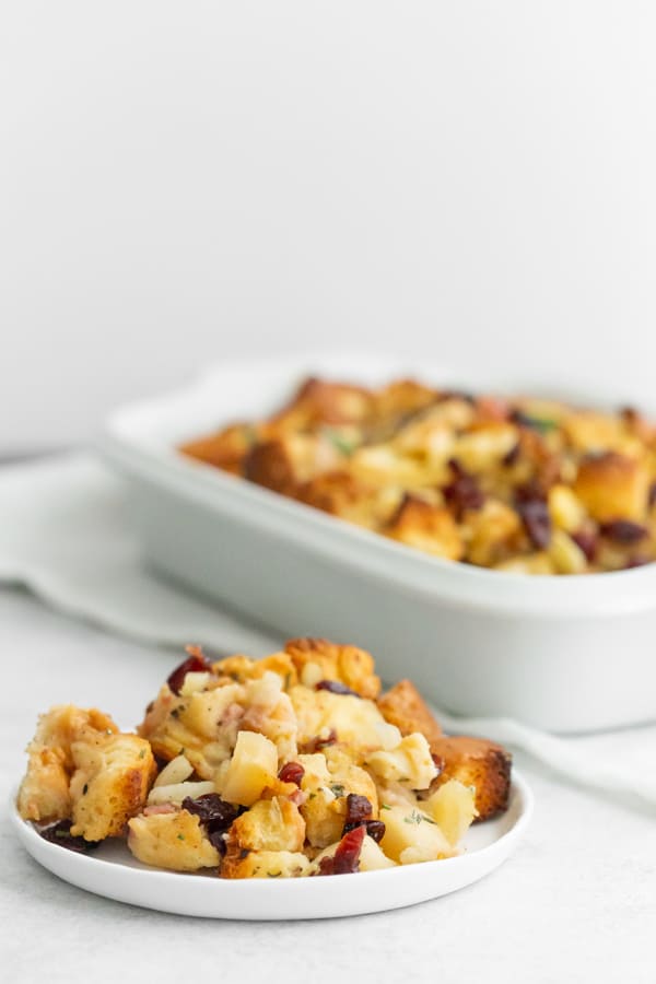 pancetta apple fennel brioche stuffing served on a small plate