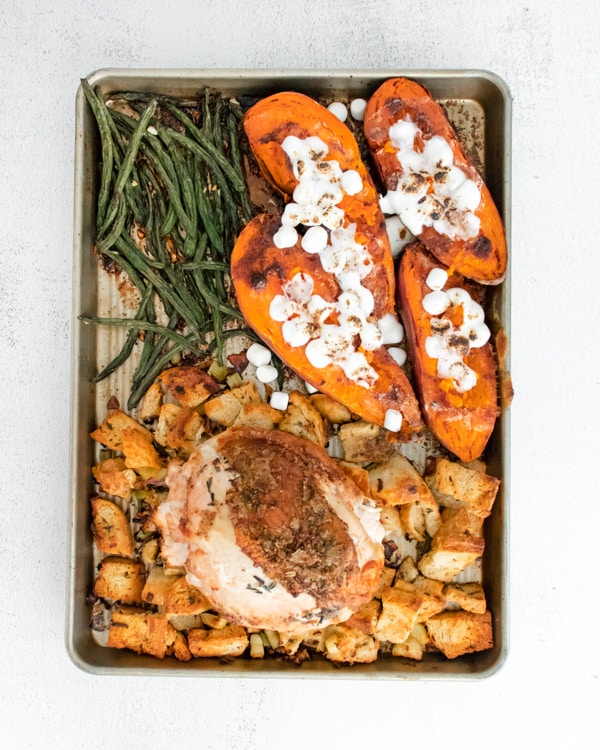 sheet pan thanksgiving meal on a sheet pan