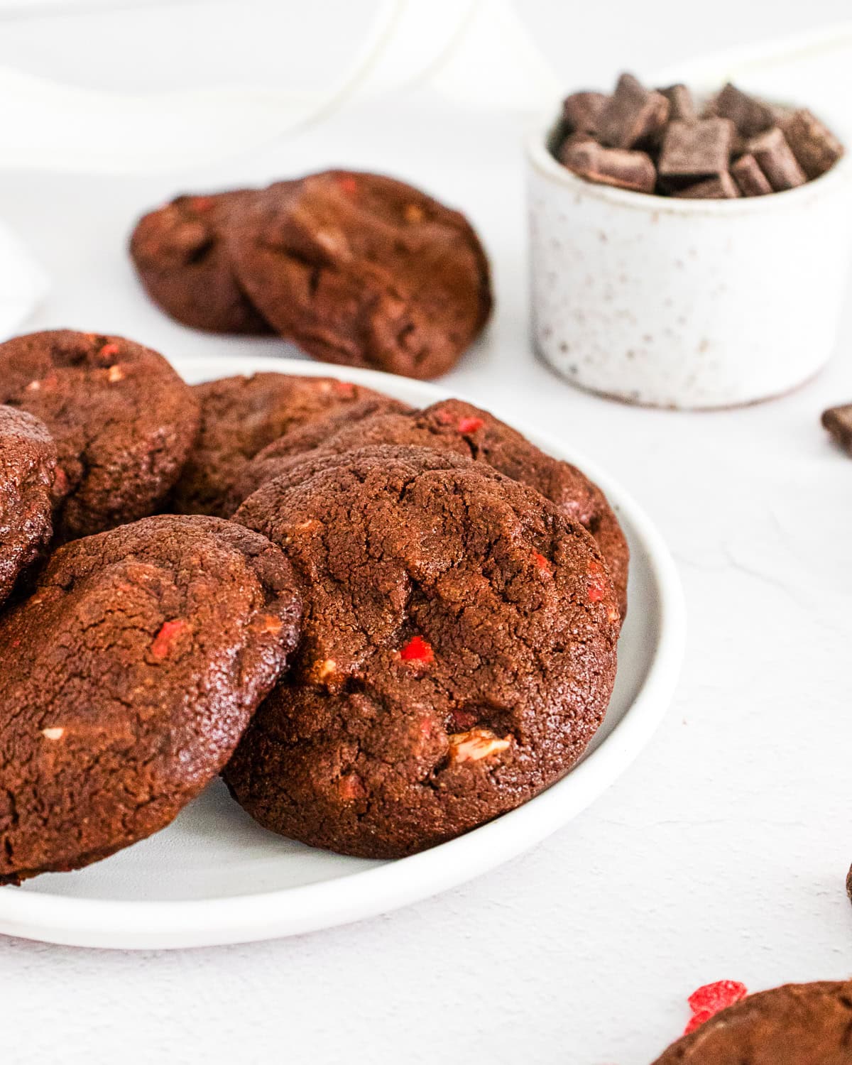chocolate peppermint bark cookies are a white plate
