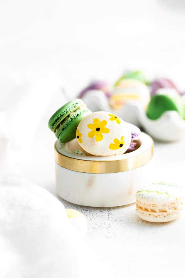 easter egg macarons decorated with flowers