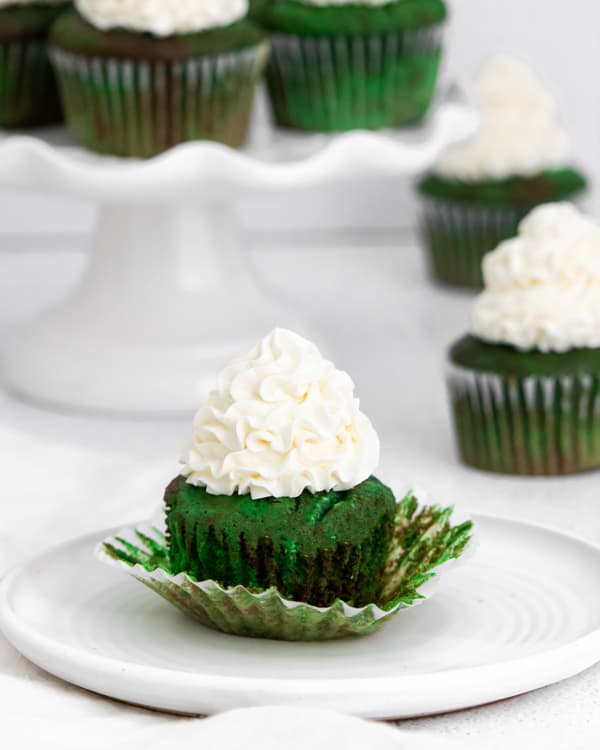 unwrapped green velvet cupcake.