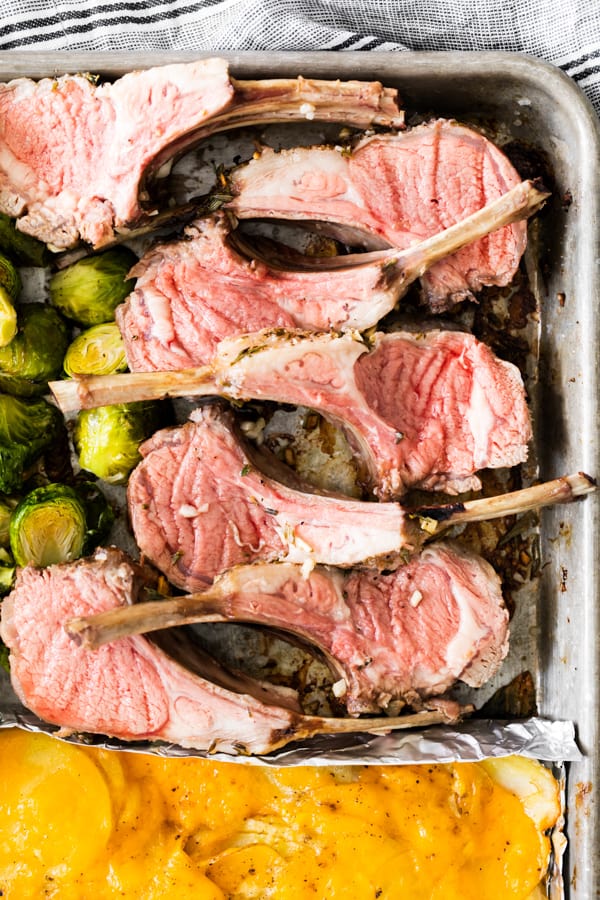 rare roasted lamb chop on a sheet pan.