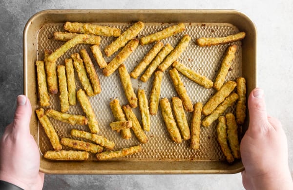 veggie fries cooked on a sheet pan.
