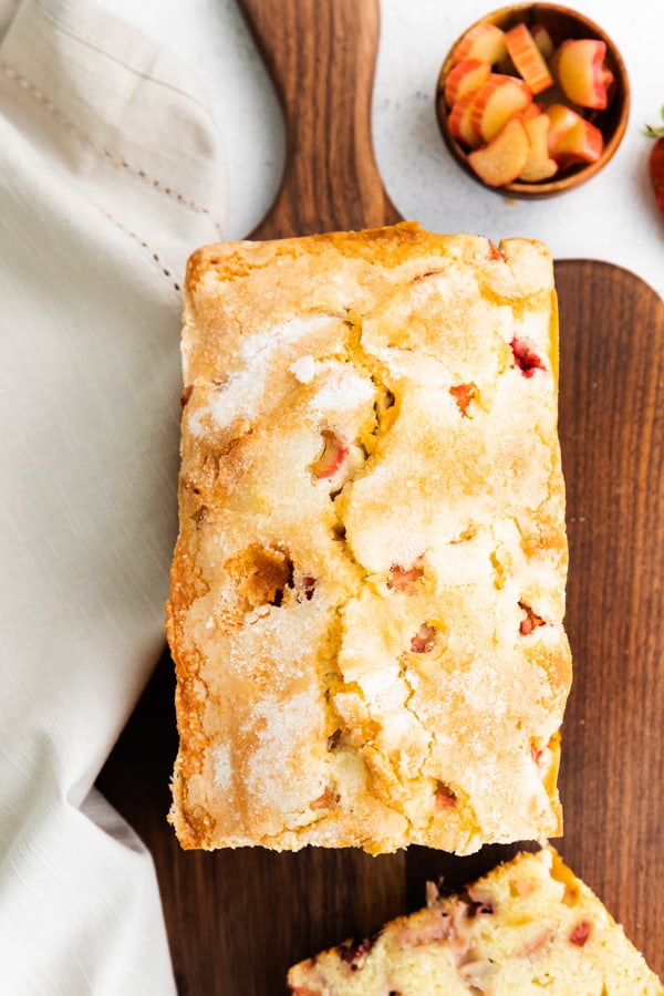 strawberry rhubarb pound cake showing the sugary topping.
