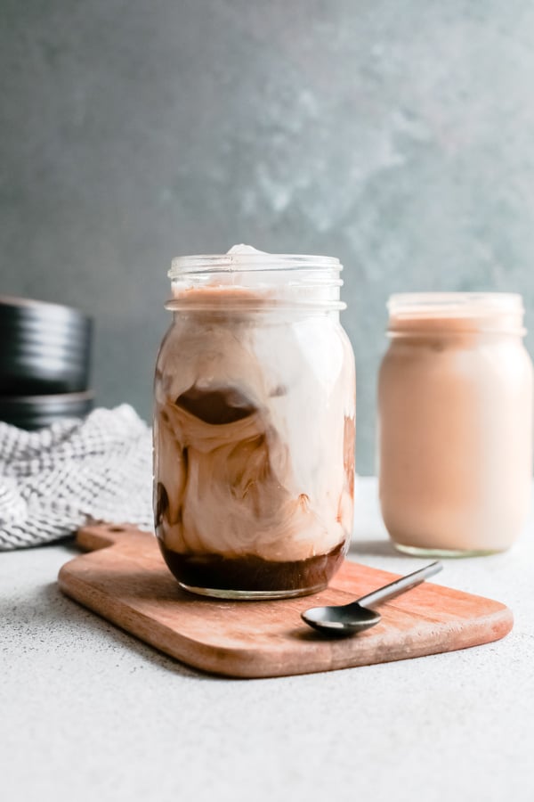 homemade iced brown sugar oat milk shaken espresso in a glass.