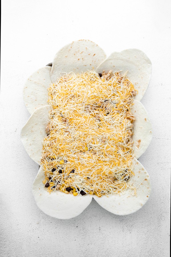 uncooked sheet pan chicken quesadillas.