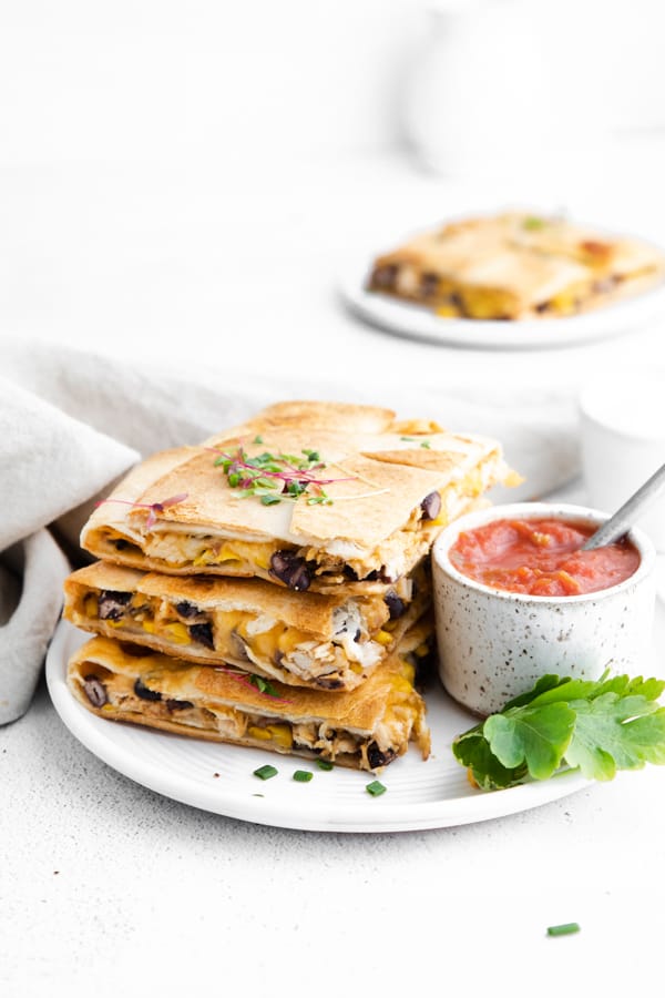 stacked sheet pan chicken quesadillas.