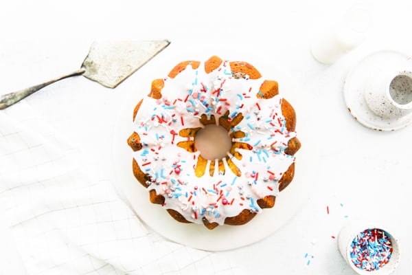 Fourth of July Bundt Cake on a table.
