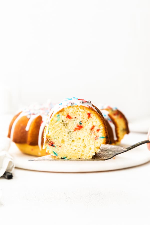 Fourth of July Bundt Cake with a slice taken out.