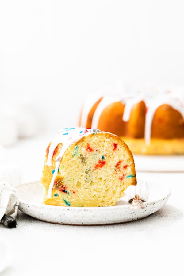 A slice of Fourth of July Bundt Cake.