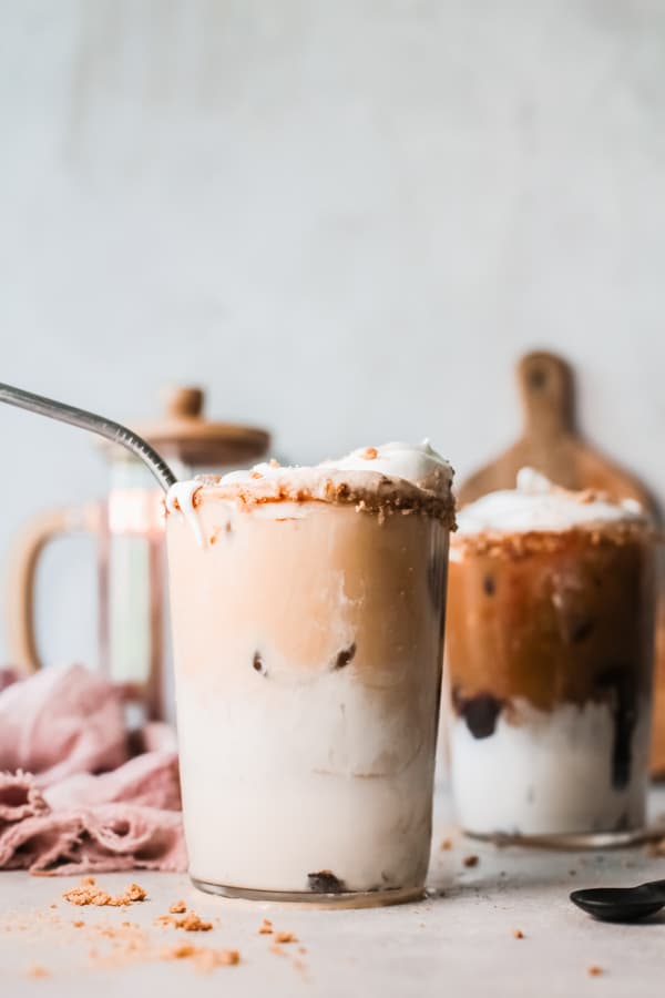 S'mores Iced Coffee mixed together in a glass.