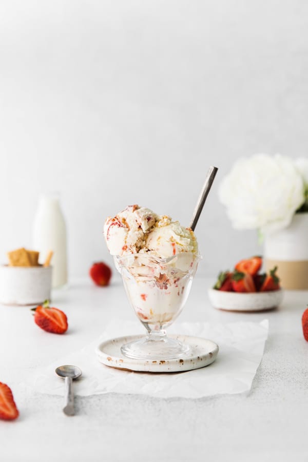 strawberry cheesecake ice cream sitting in a bowl with a spoon. 