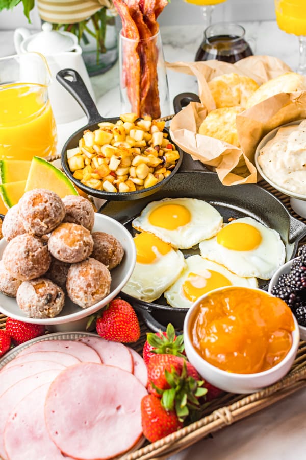 Breakfast Charcuterie Board set up and ready to serve with breakfast ingredients. 