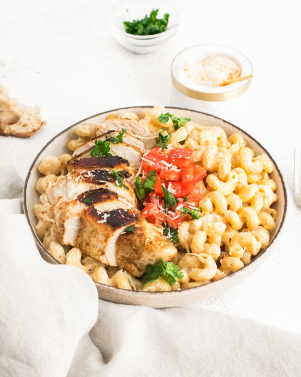 Instant Pot Cajun Chicken Alfredo served in a ceramic bowl.