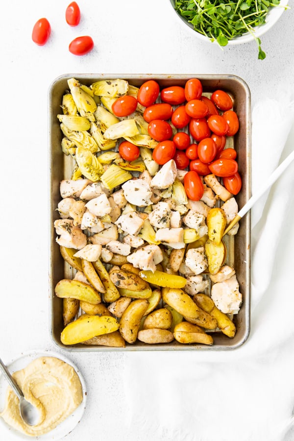 Sheet Pan Mediterranean Chicken still on the sheet pan.