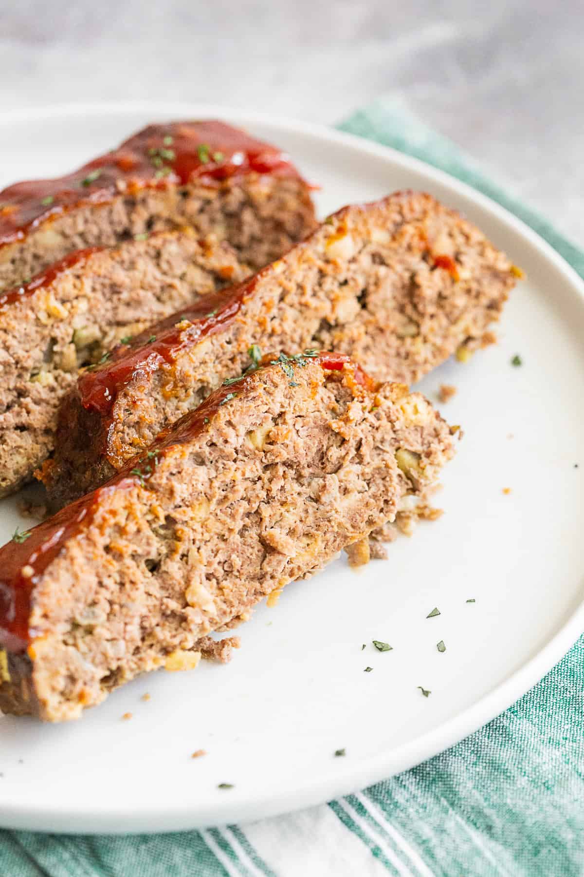 a close up slice of Classic Beef Meatloaf. 