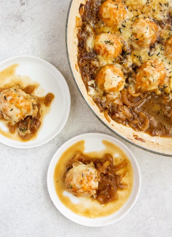 French Onion Chicken Meatballs served on small appetizer sized plates. 