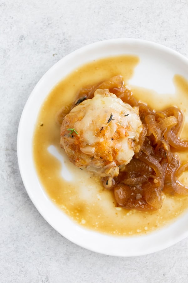 French Onion Chicken Meatballs served on a plate. 