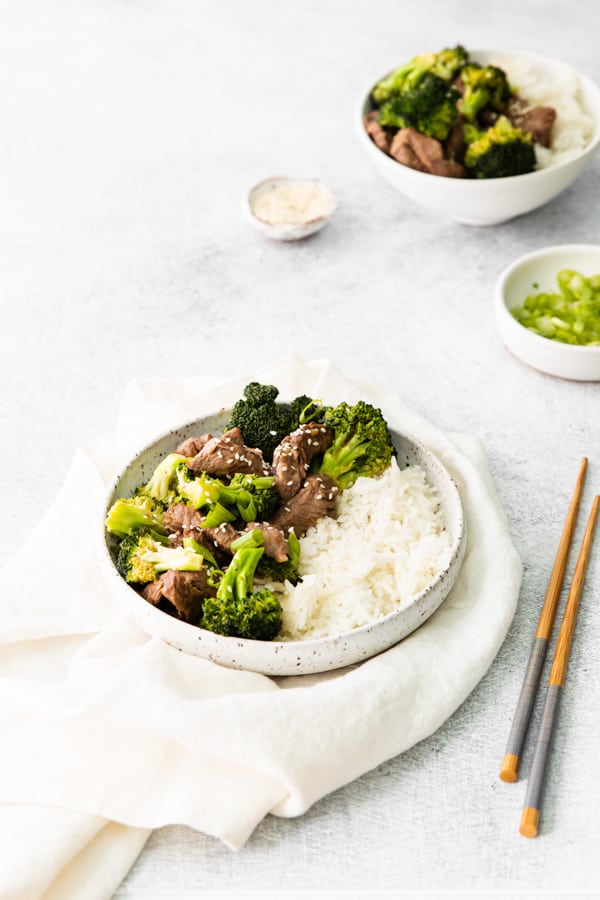 Air Fryer Beef and Broccoli sprinkled with sesame seeds. 