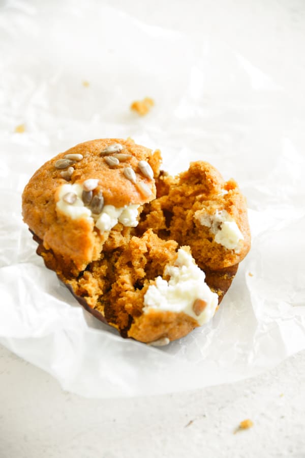 Pumpkin Cream Cheese Muffins cut in half.
