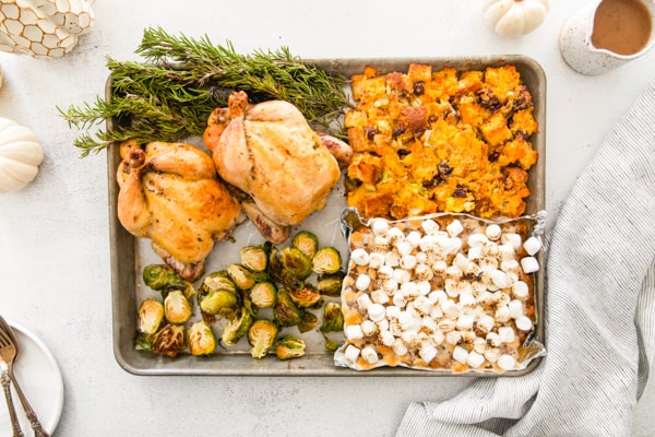 Sheet Pan Thanksgiving Dinner fully cooked on a sheet pan.