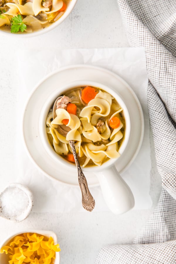 A spoon in a bowl of Instant Pot Turkey Noodle Soup.