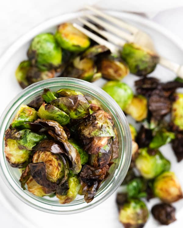 Air Fryer Brussels Sprouts served on a plate. 