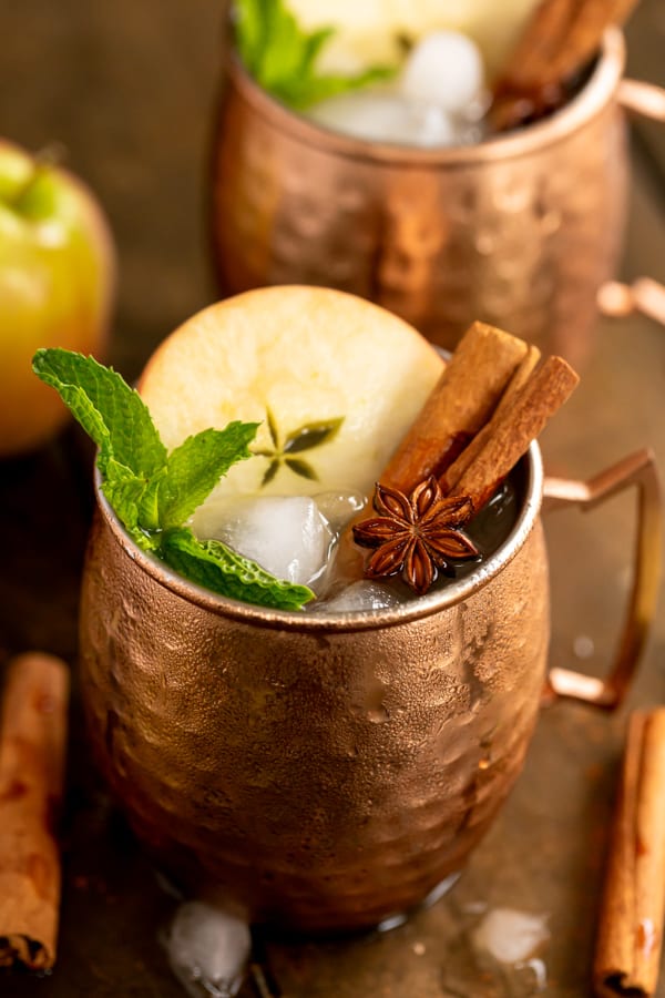Apple Cider Moscow Mule garnished with a cinnamon stick.