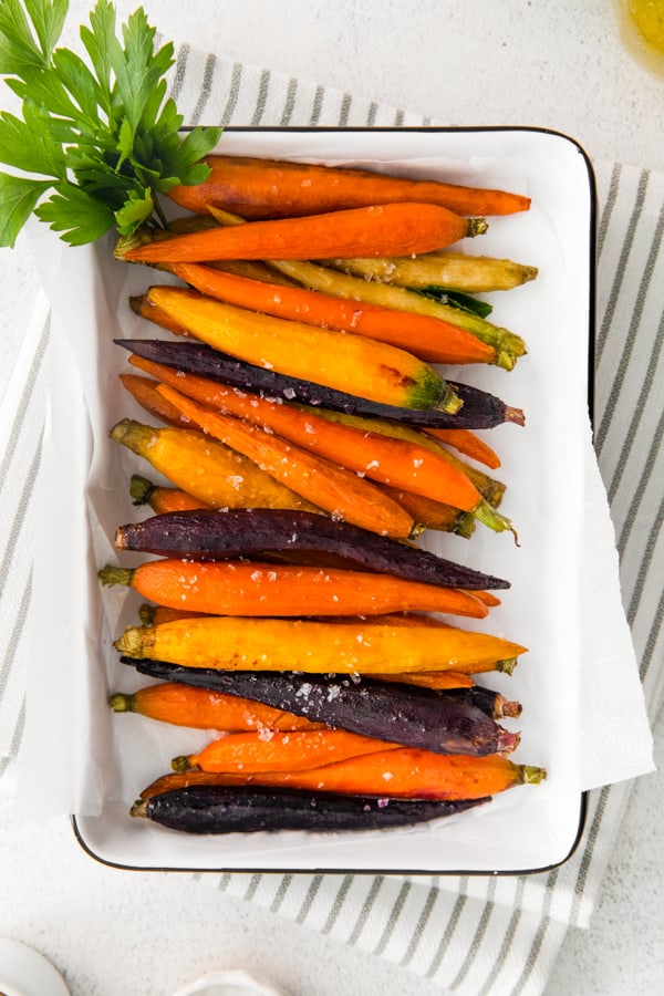 Honey roasted carrots on a serving dish.