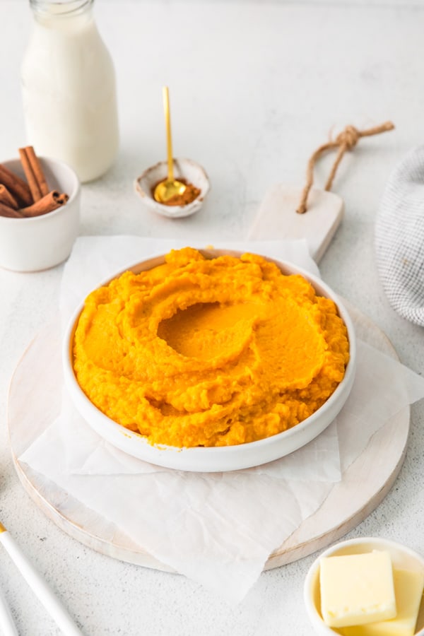 Instant Pot Mashed Sweet Potatoes served in a round bowl. 