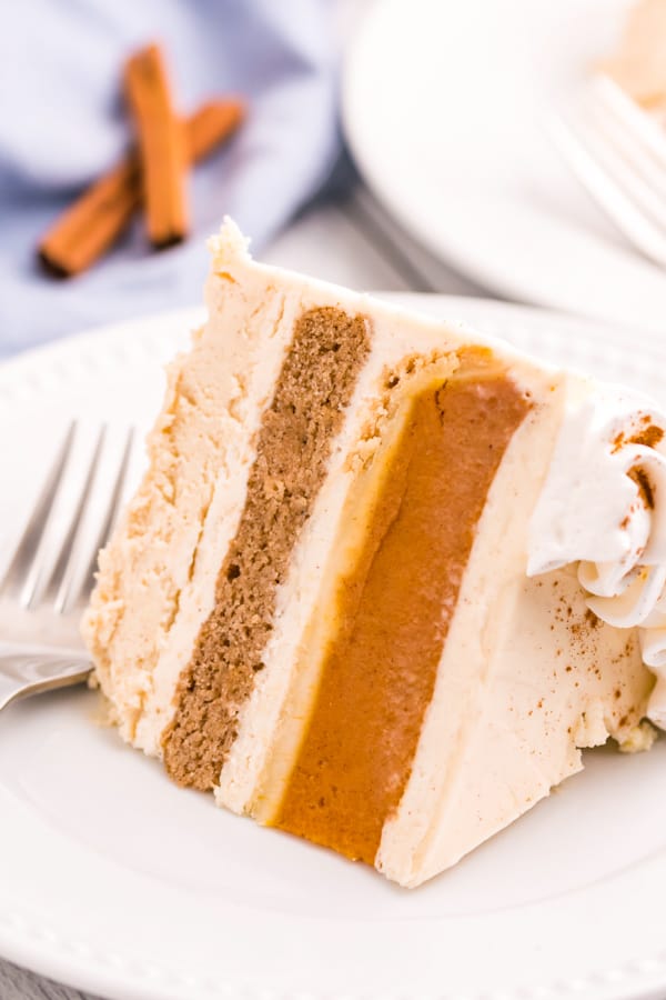 A big slice of Thanksgiving Piecaken on a white plate. 
