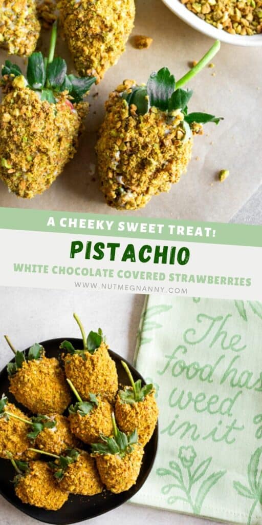 Pistachio White Chocolate Covered Strawberries pin for Pinterest.