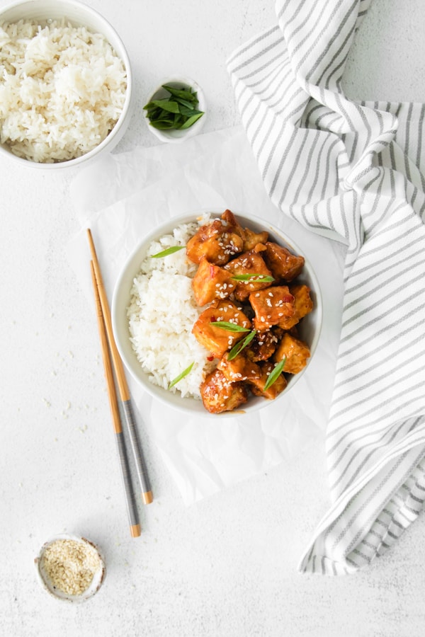 Air Fryer Sweet Chili Tofu served with rice. 