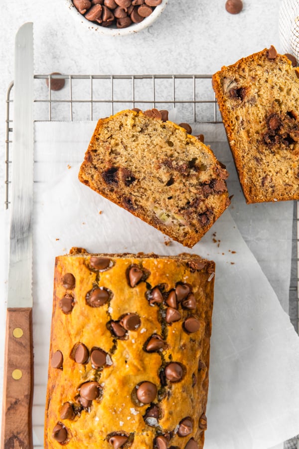 Sliced Chocolate Chip Banana Bread. 