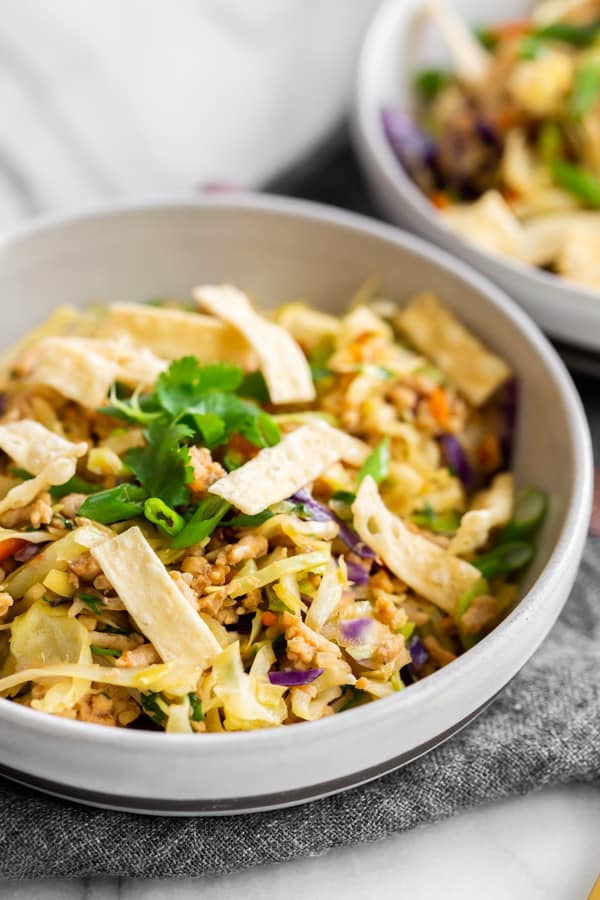 Ground Chicken Egg Roll Bowl served in a large ceramic bowl.