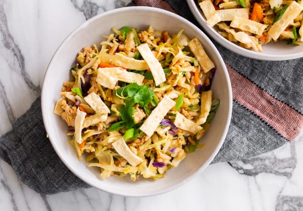 Ground Chicken Egg Roll Bowl in a white bowl with wonton strips.
