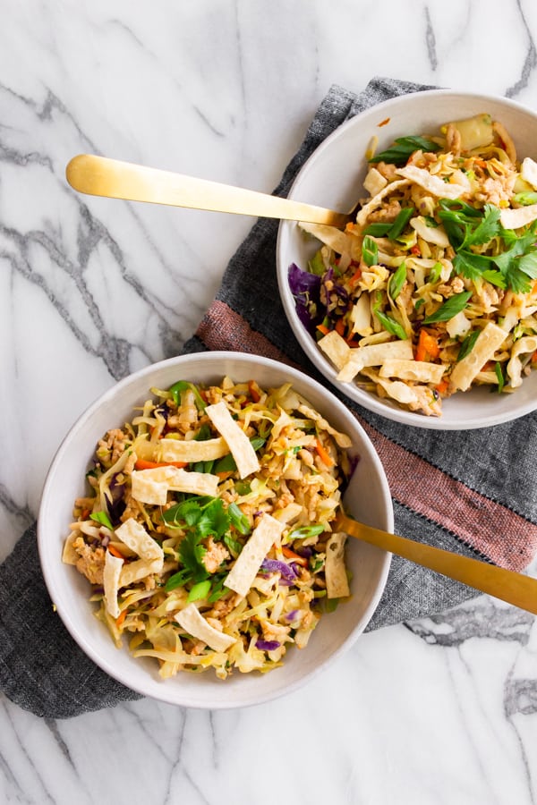 Ground Chicken Egg Roll Bowl in a bowl sitting on a napkin.