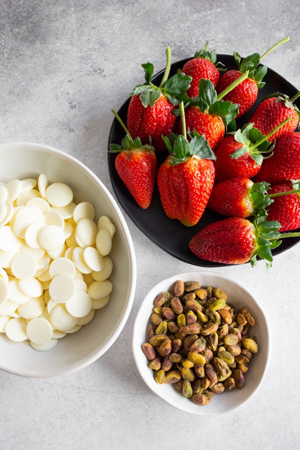 Ingredients to make Pistachio White Chocolate Covered Strawberries.