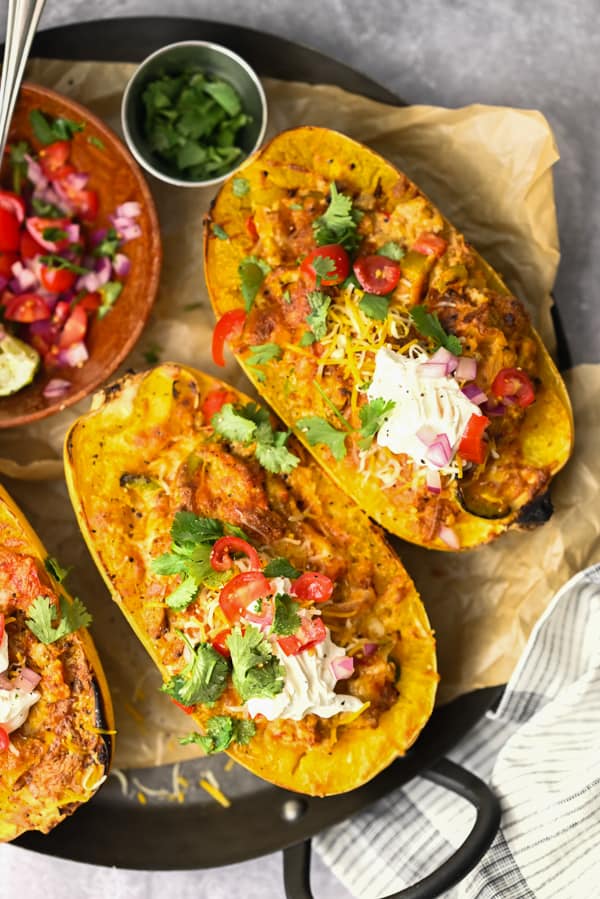 Ground Chicken Fajita Spaghetti Squash on a platter. 