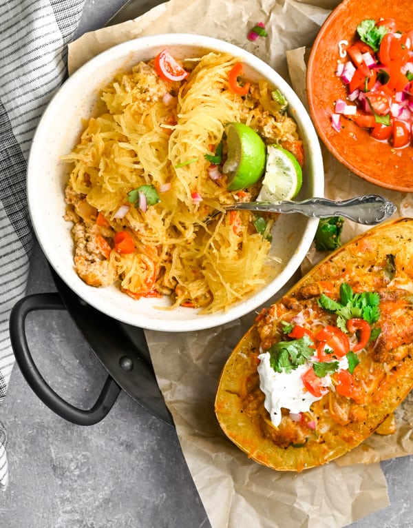 Ground Chicken Fajita Spaghetti Squash shredded and put in a bowl. 