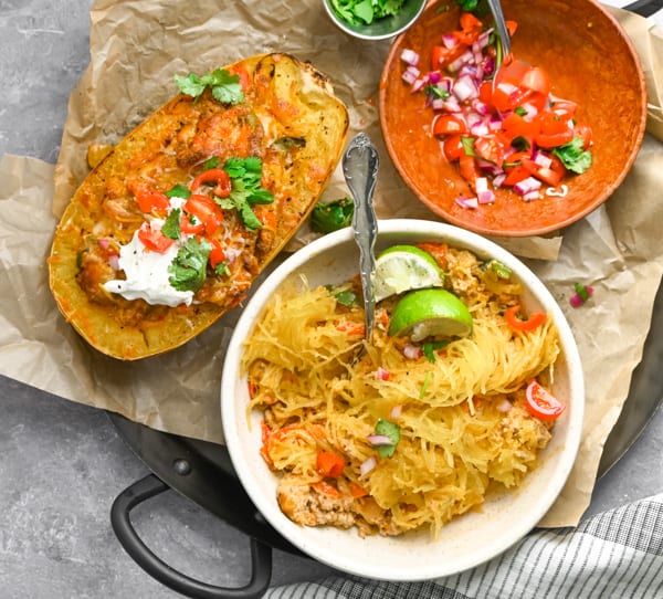 Ground Chicken Fajita Spaghetti Squash served in a bowl. 