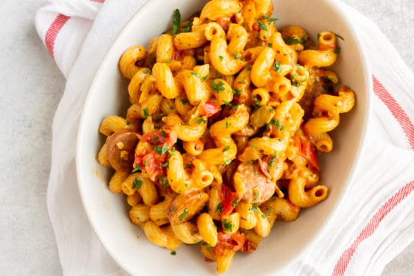 One Pot Cajun Pastalaya served in a white bowl. 