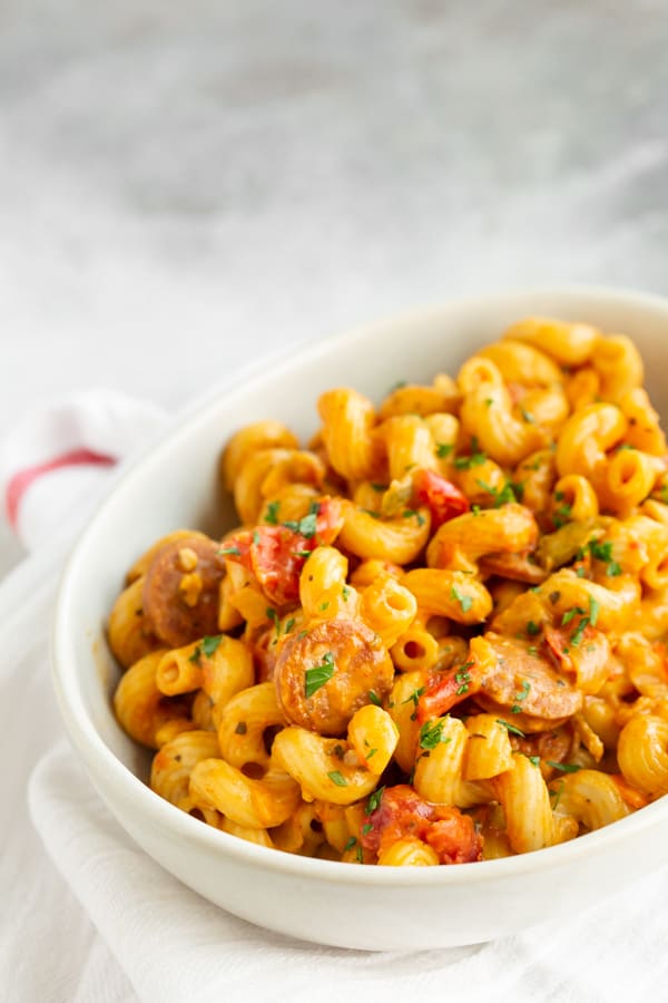 One Pot Cajun Pastalaya garnished with parsley. 